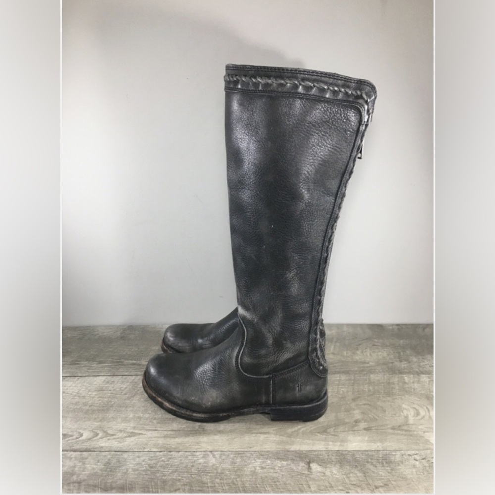 Frye 76210 Gray Leather Knee-High Riding Women’s Back Zip Braided Boots Size 8.5 - Picture 5 of 10
